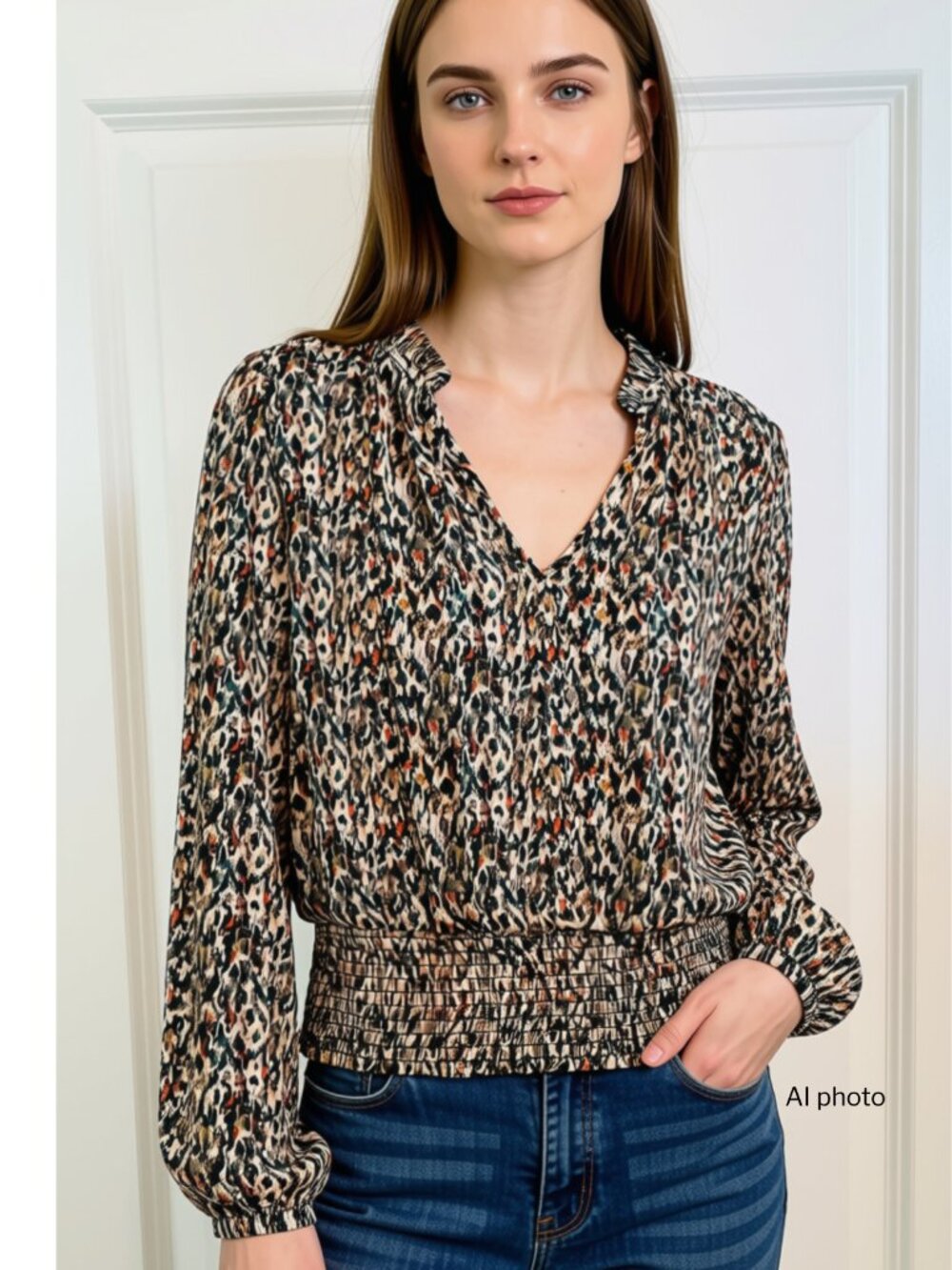 Tamara H. Abstract Print Smocked V-Neck Blouse Size Lg